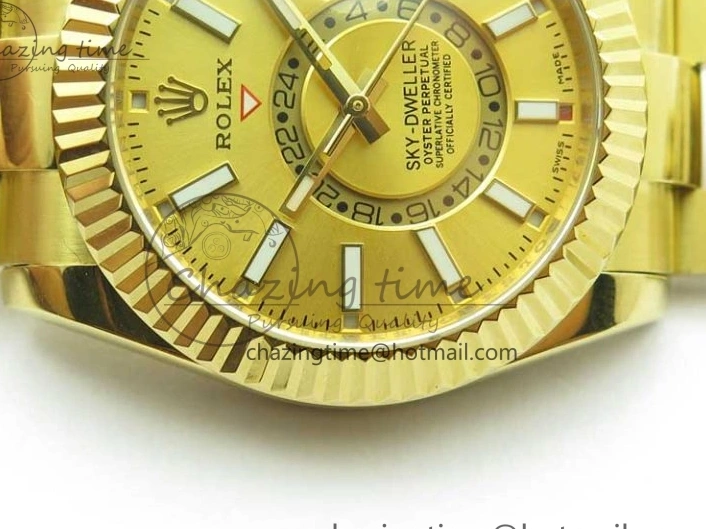 Best AAA Replica Sites YG 326934 Sky-Dweller YG on TravelReady Bracelet 2785 Dial A23J Gold AIF to 1217